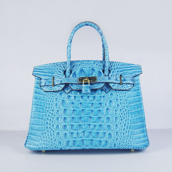 Replica Hermes Birkin 30CM Crocodile Head Veins Bag Light Blue 6088 On Sale